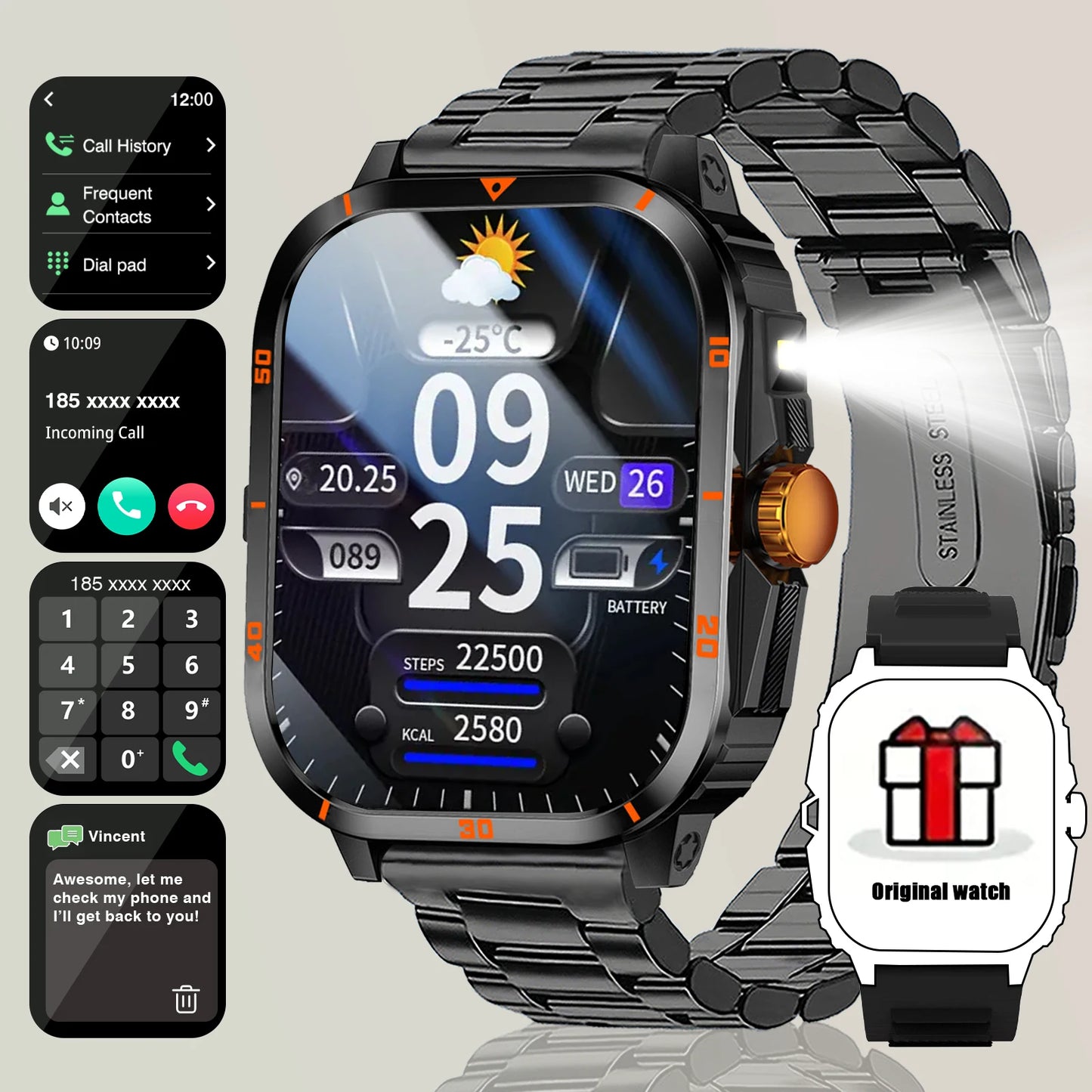 2025 Men's Smart Watch with Wireless Calling, Dual Straps (Stainless Steel+Silicone), Step Counter Flashlight & Message Reminder