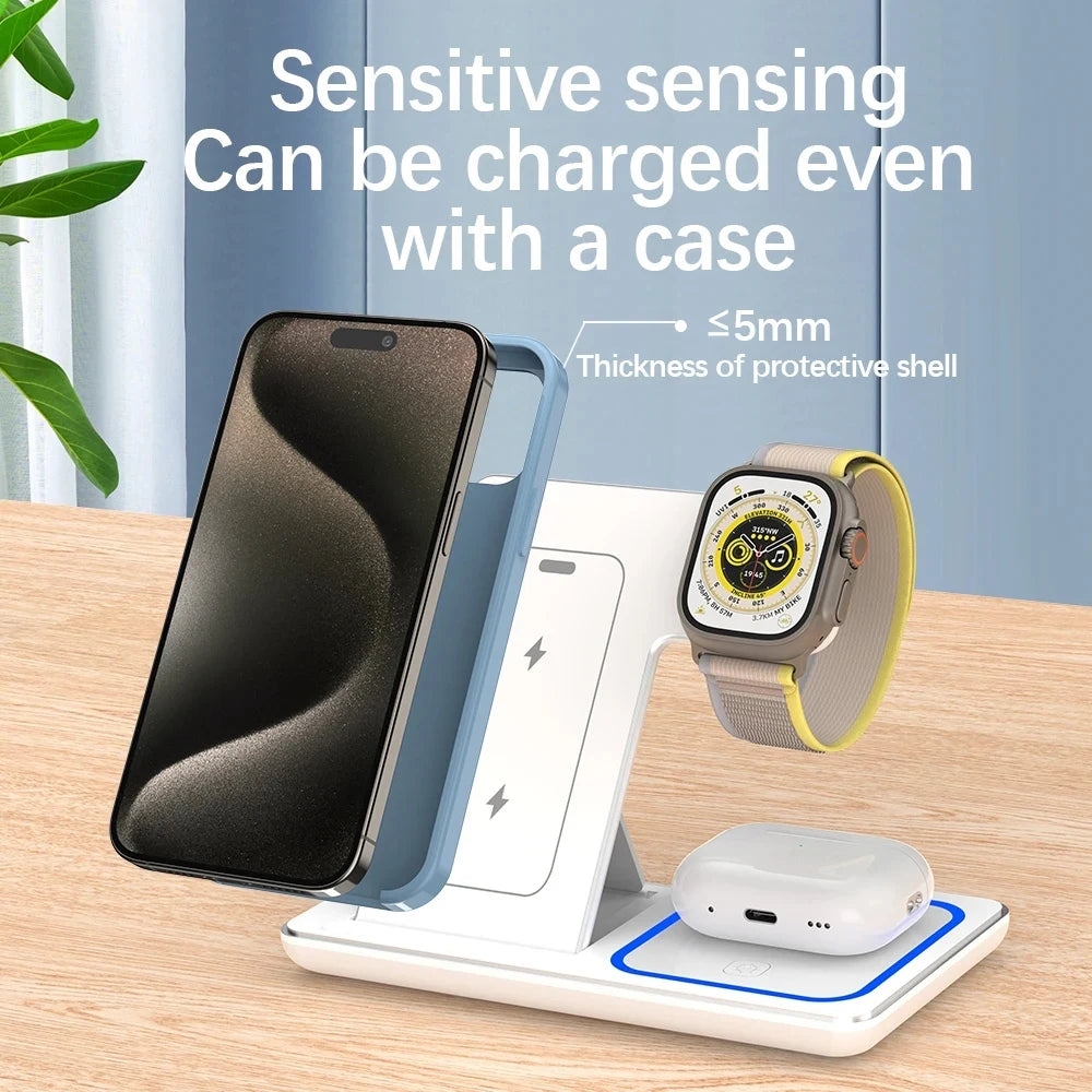15W LED Fast Wireless Charger Stand 3 in 1 Foldable Charging Station Fast Charging Dock With LED Indicator Portable Desktop Trav
