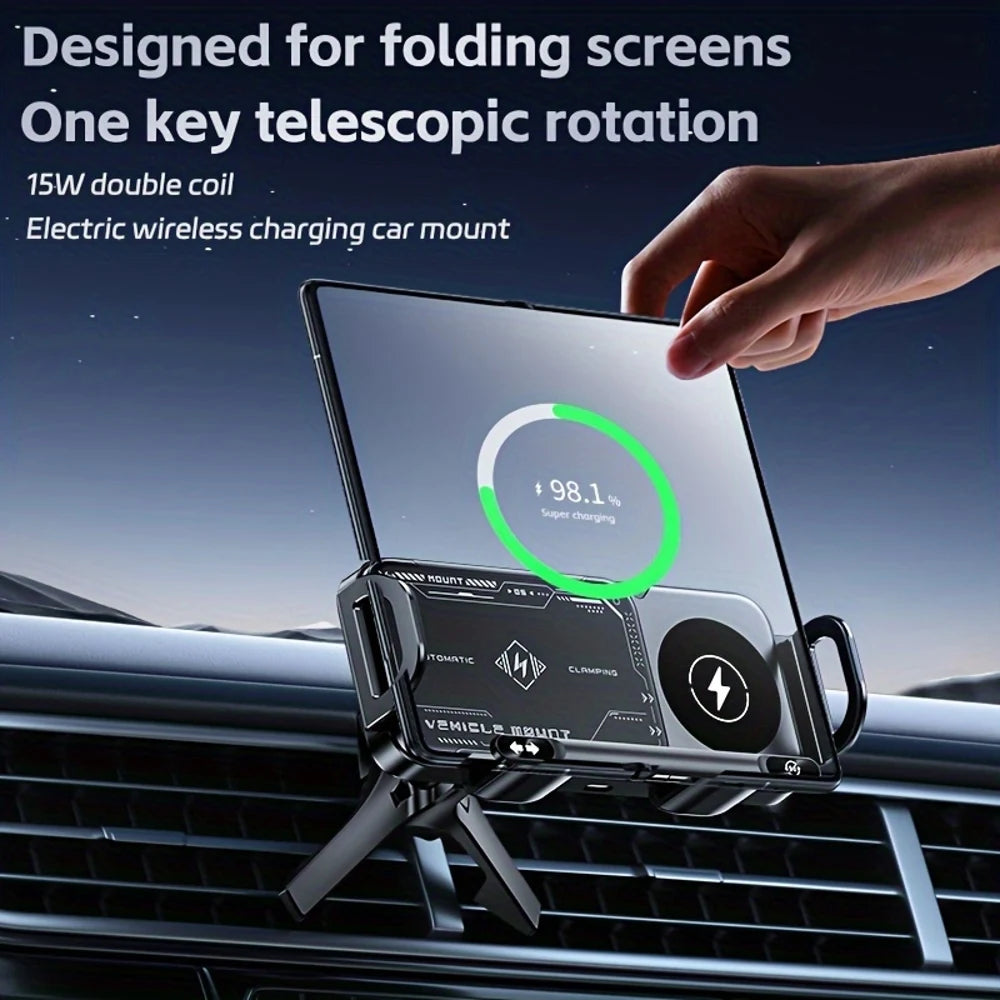 2025 New Style Folding Screen Car Phone Holder 15W Wireless Fast Charger Intelligent Automatic Clamping Vehicle Mount Auto Rotat
