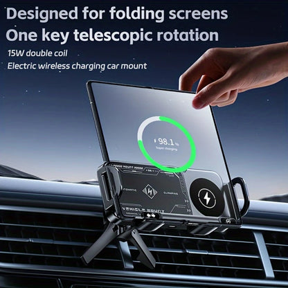 2025 New Style Folding Screen Car Phone Holder 15W Wireless Fast Charger Intelligent Automatic Clamping Vehicle Mount Auto Rotat
