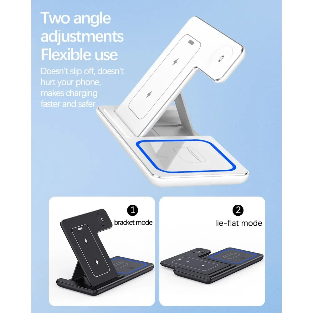 15W LED Fast Wireless Charger Stand 3 in 1 Foldable Charging Station Fast Charging Dock With LED Indicator Portable Desktop Trav