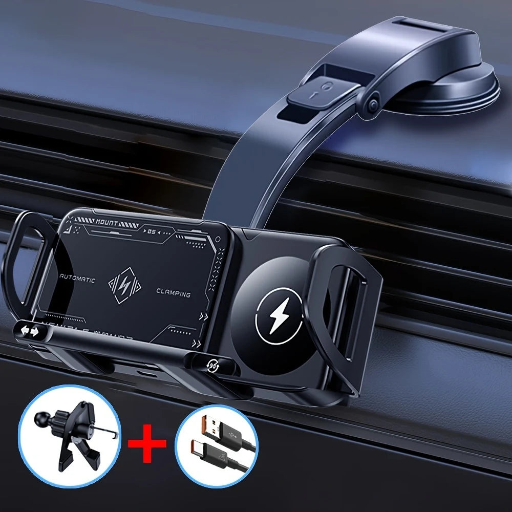 2025 New Style Folding Screen Car Phone Holder 15W Wireless Fast Charger Intelligent Automatic Clamping Vehicle Mount Auto Rotat