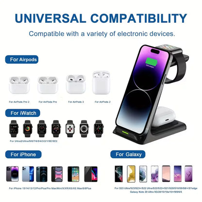 Wireless Charging Station Dock，3in 1 Wireless Charger for iPhone series, for iWatch 11/10/9Ultra, Phone Stand for AirPods 4/3/2