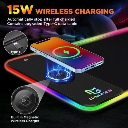 RGB Gaming Mouse Pad with 15W Wireless Charging, 10 Light Modes, Large Non-Slip Mat for PC and Office Use