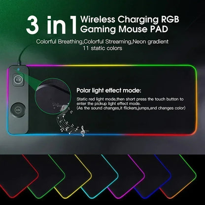 Magnetic Wireless Charging RGB Mouse Pad Charger for Phone Watch Headphone Gaming Mousepad Desktop PC Laptop Tablet Mouse Mat
