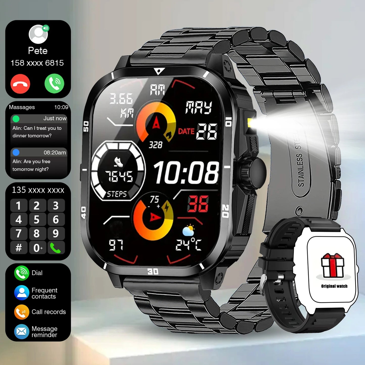 2025 Men's Smart Watch with Wireless Calling, Dual Straps (Stainless Steel+Silicone), Step Counter Flashlight & Message Reminder