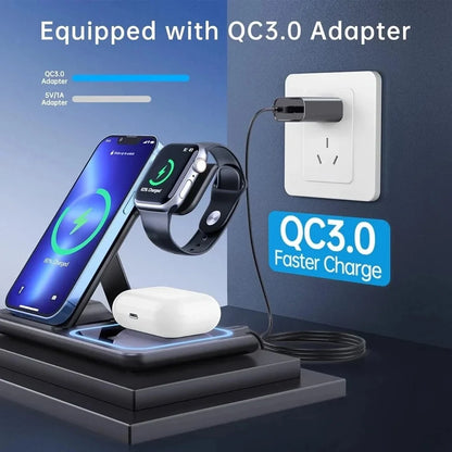 15W LED Fast Wireless Charger Stand 3 in 1 Foldable Charging Station Fast Charging Dock With LED Indicator Portable Desktop Trav