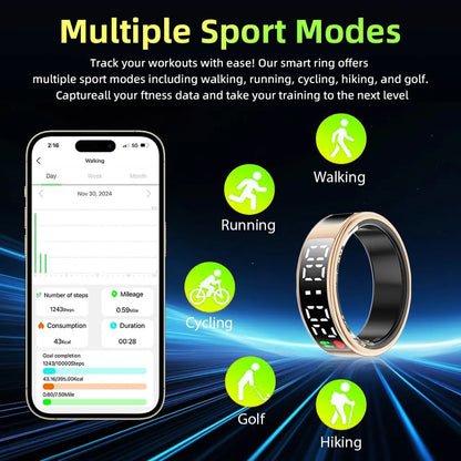 LED Display Screen Smart Ring for Sleep Heart Rate Oxygen Monitoring Multi Sports Modes Waterproof Bluetooth 5.1 Women Men Rings