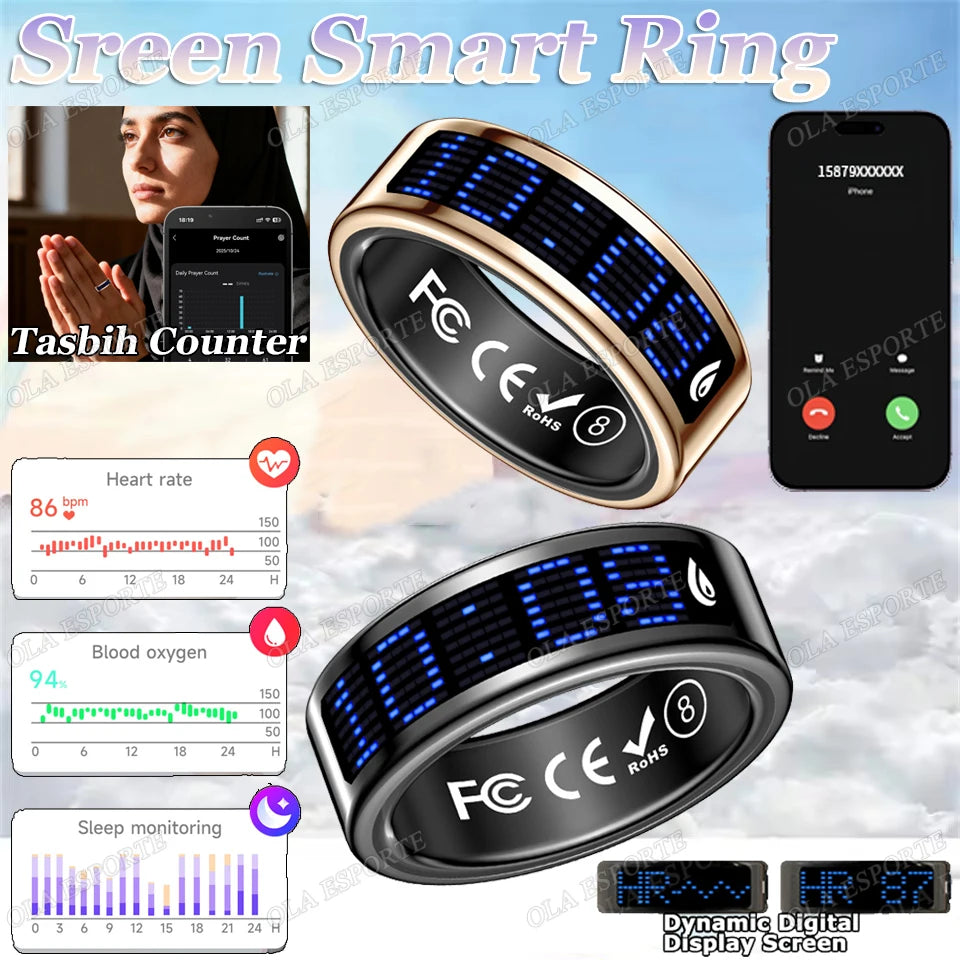 Call ID Reminder Smart Ring Display Screen and Touch,Tasbih Counter,Health Manager,5ATM Waterproof Multiple Sport Mode Men Women