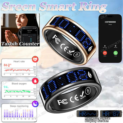 Call ID Reminder Smart Ring Display Screen and Touch,Tasbih Counter,Health Manager,5ATM Waterproof Multiple Sport Mode Men Women