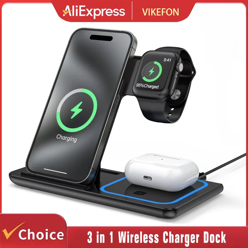 3 in 1 Wireless Charging Station for MagSafe Compatible iPhone 17 16 15 14 Pro Max Apple Watch AirPods Fast Charger Stand Dock