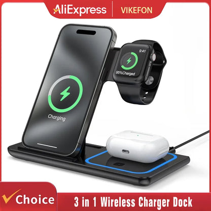 3 in 1 Wireless Charging Station for MagSafe Compatible iPhone 17 16 15 14 Pro Max Apple Watch AirPods Fast Charger Stand Dock