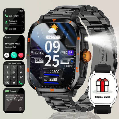 2025 Men's Smart Watch with Wireless Calling, Dual Straps (Stainless Steel+Silicone), Step Counter Flashlight & Message Reminder