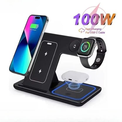 100W 3-in-1 Foldable Fast Wireless Charging Stand Multi-device Simultaneous Charger Dock for Phones Smart Watches Earbuds Portab
