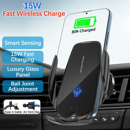 15W Fast Wireless Charger Magnetic Automatic Infrared Smart Sensing Car Mount Phone Holder Luxury Glass Panel Ball Joint Adjustm