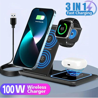 100W 3 in 1 Foldable Fast Wireless Charger Stand Multi-device Charging Station 15W Fast Charging Dock for Phones Smart Watches E
