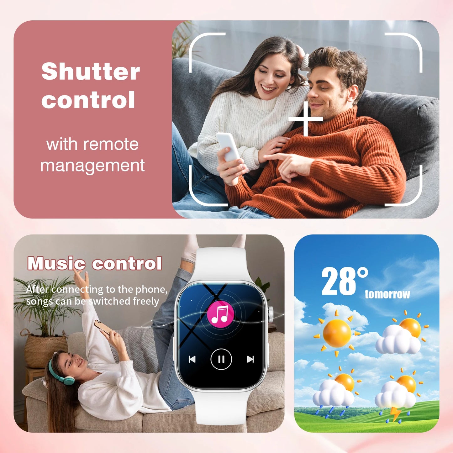 Smart watch, customizable dial, multiple sports modes, answer/make calls, message reminders, suitable for both men and women