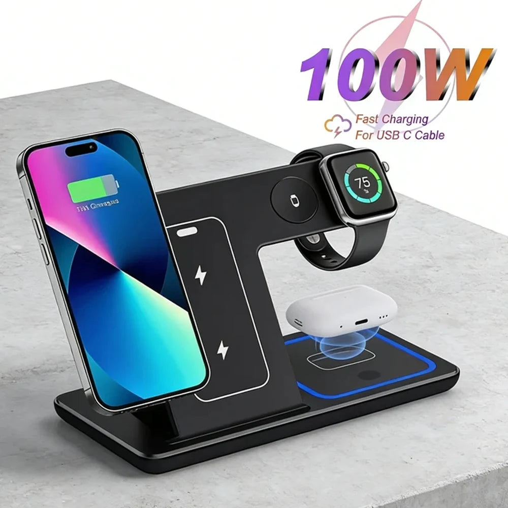 100W 3-in-1 Foldable Fast Wireless Charging Stand Multi-device Simultaneous Charger Dock for Phones Smart Watches Earbuds Portab