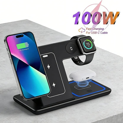 100W 3-in-1 Foldable Fast Wireless Charging Stand Multi-device Simultaneous Charger Dock for Phones Smart Watches Earbuds Portab