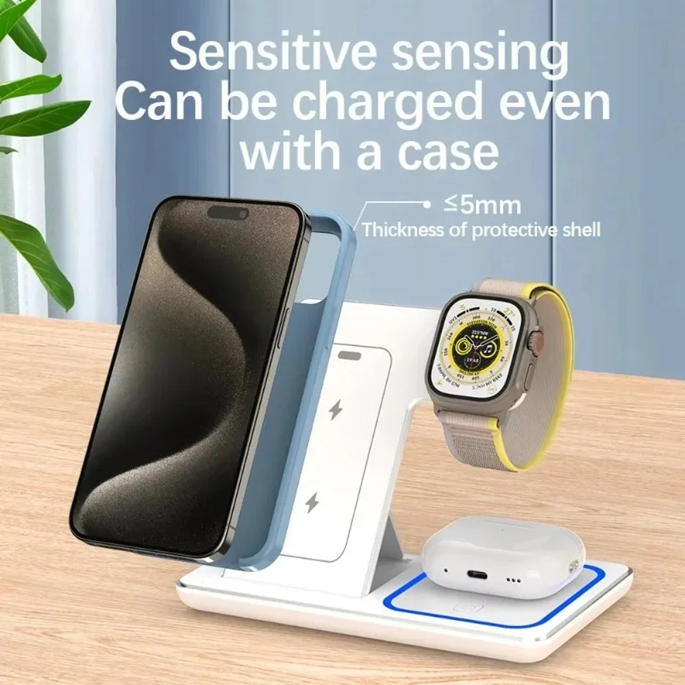 100W 3-in-1 Foldable Fast Wireless Charging Stand Multi-device Simultaneous Charger Dock for Phones Smart Watches Earbuds Portab