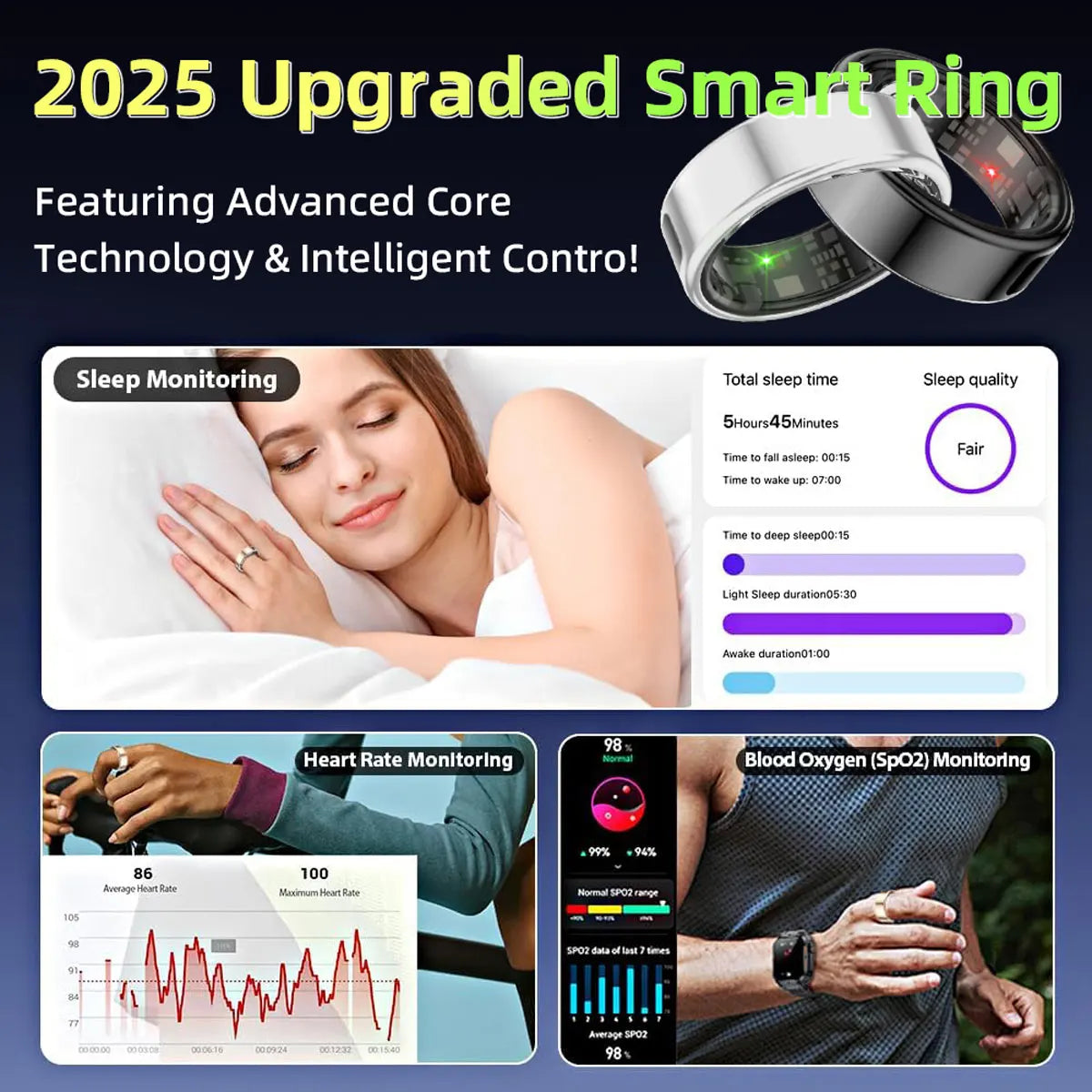 LED Display Screen Smart Ring for Sleep Heart Rate Oxygen Monitoring Multi Sports Modes Waterproof Bluetooth 5.1 Women Men Rings