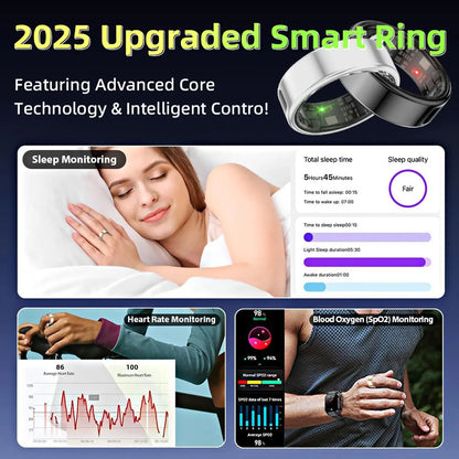 LED Display Screen Smart Ring for Sleep Heart Rate Oxygen Monitoring Multi Sports Modes Waterproof Bluetooth 5.1 Women Men Rings