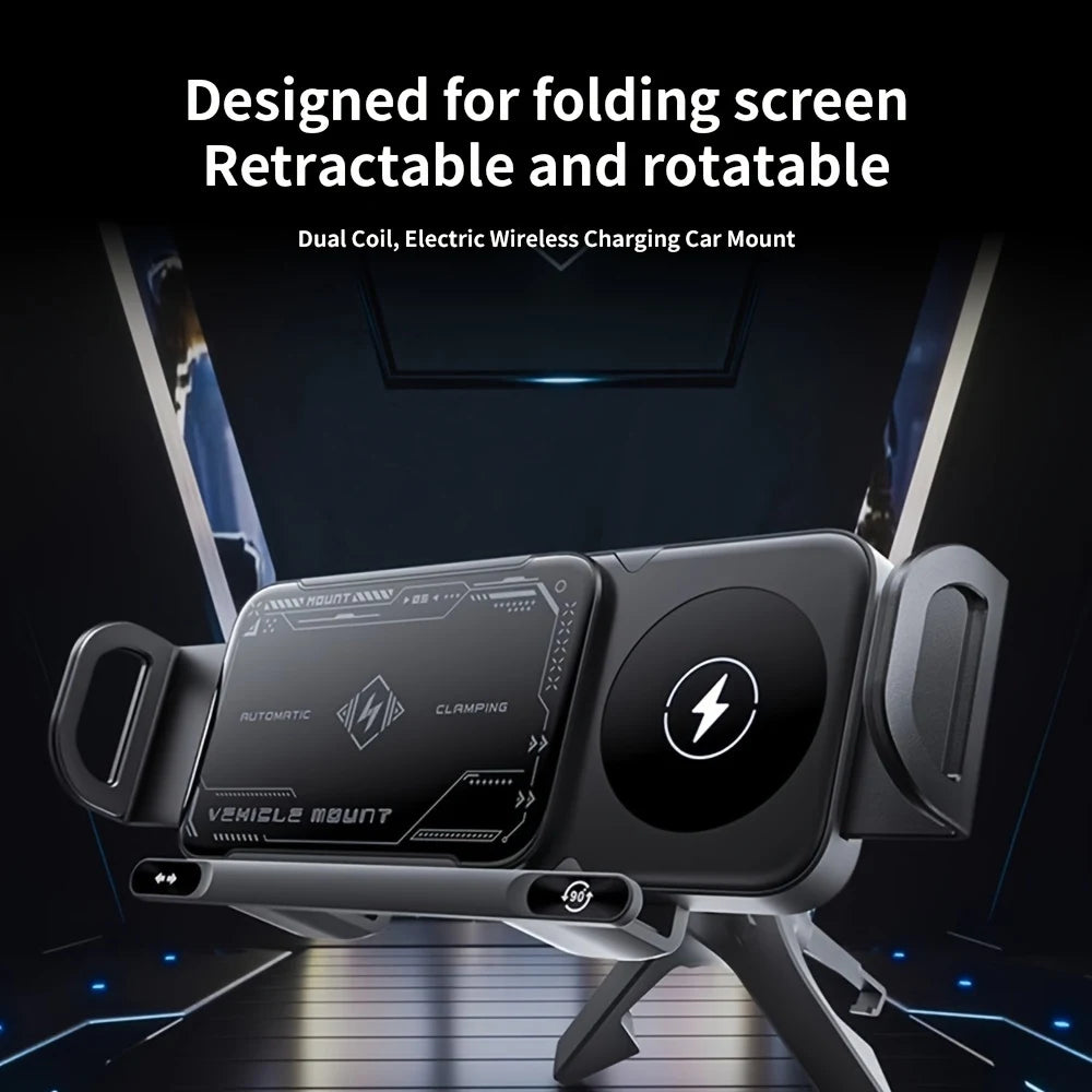 2025 New Style Folding Screen Car Phone Holder 15W Wireless Fast Charger Intelligent Automatic Clamping Vehicle Mount Auto Rotat
