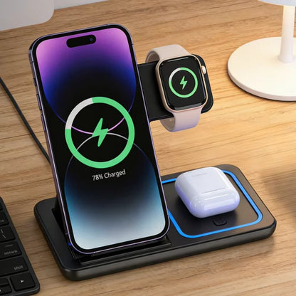 15W LED Fast Wireless Charger Stand 3 in 1 Foldable Charging Station Fast Charging Dock With LED Indicator Portable Desktop Trav