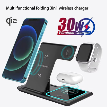 3-in-1 Foldable Wireless Charging Station 30W Fast Charger Stand Qi2 Certified Compatible with Phones Smart Watches Earbuds Desk