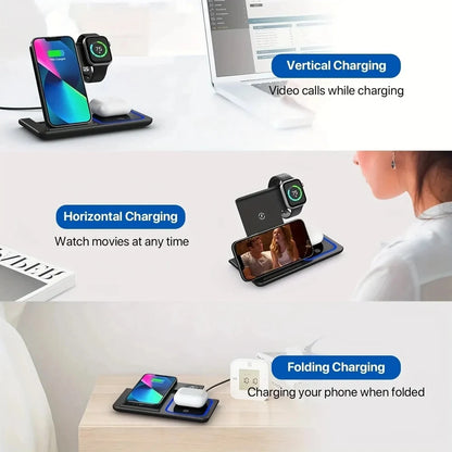 100W 3 in 1 Foldable Fast Wireless Charger Stand Multi-device Charging Station 15W Fast Charging Dock for Phones Smart Watches E