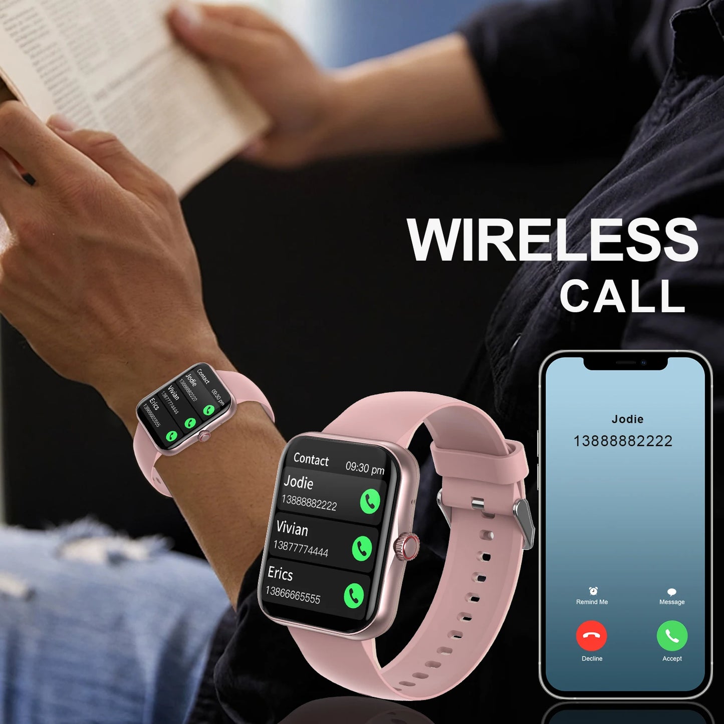 Smartwatch, custom wallpaper, call/message alerts, wireless calling, unisex sports watch, for Android and iPhone