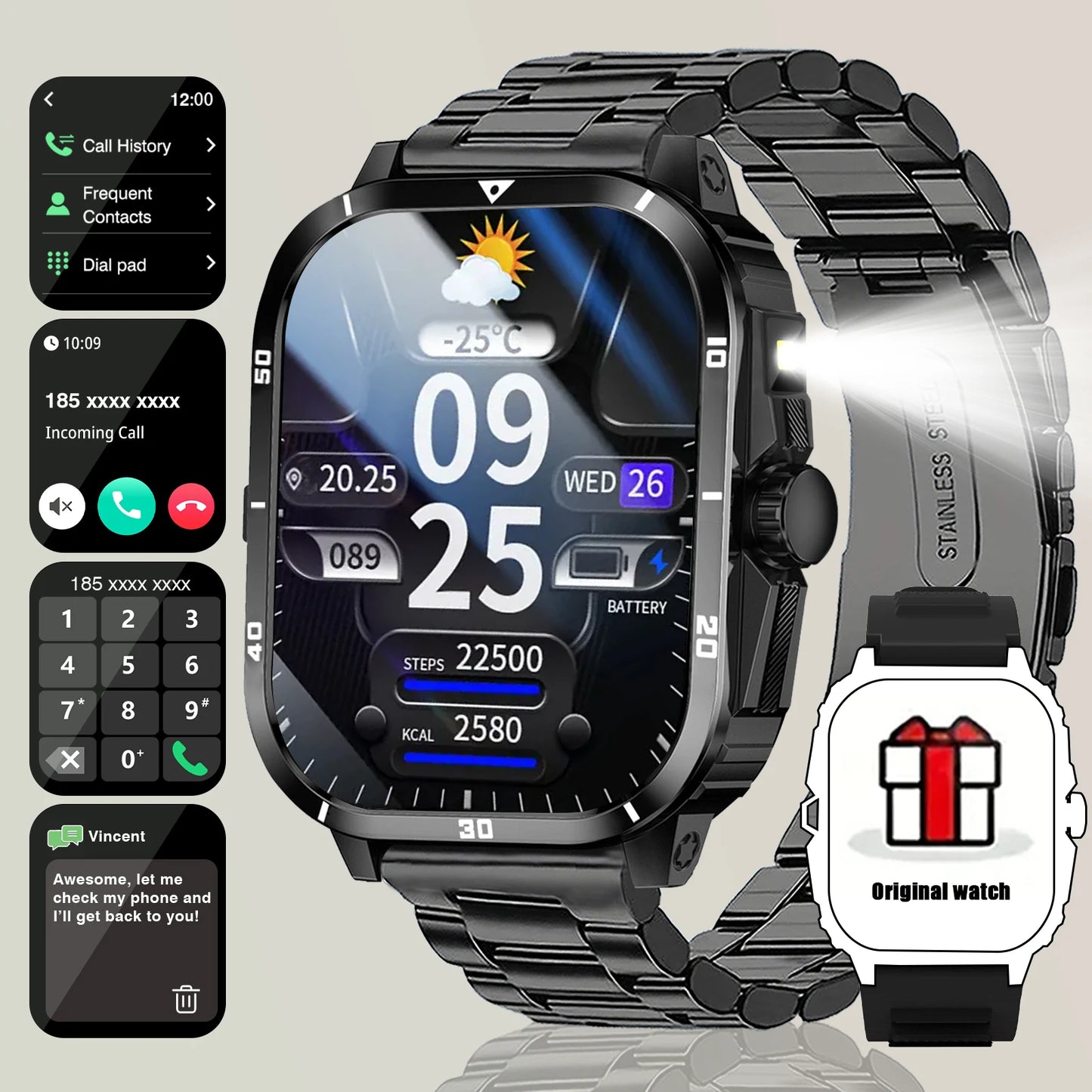 2025 Men's Smart Watch with Wireless Calling, Dual Straps (Stainless Steel+Silicone), Step Counter Flashlight & Message Reminder