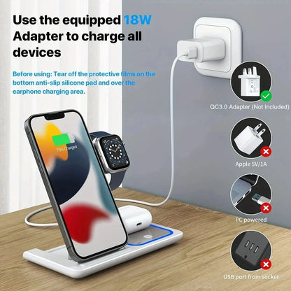 100W 3 in 1 Foldable Fast Wireless Charger Stand Multi-device Charging Station 15W Fast Charging Dock for Phones Smart Watches E